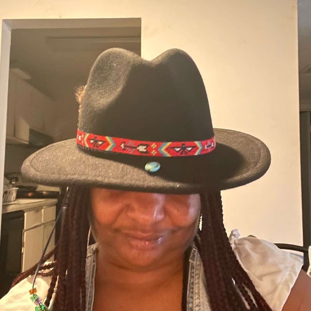 Women's Black Fedora with Tribal Hatband, Turquoise embellishment & Feathers